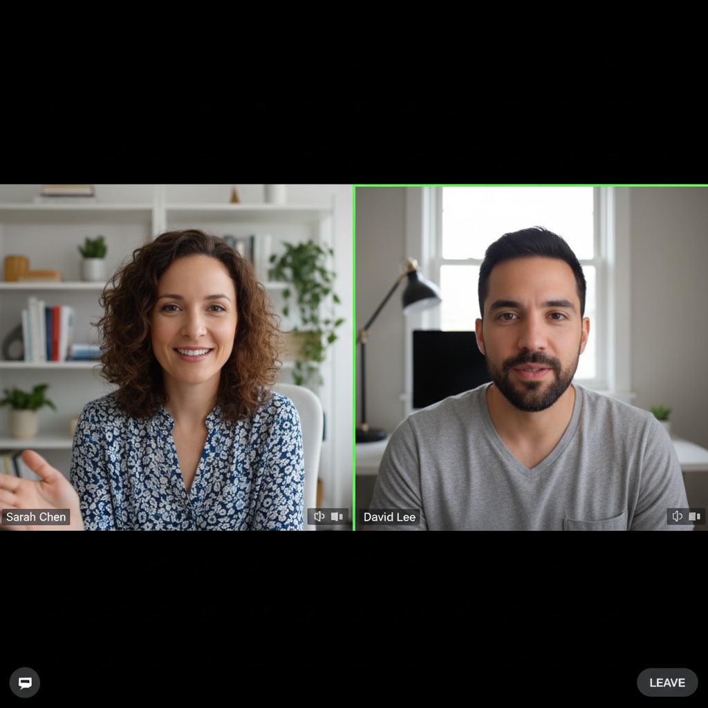 Sarah Chen and David Lee participate in a split-screen video conference call from their respective home offices.