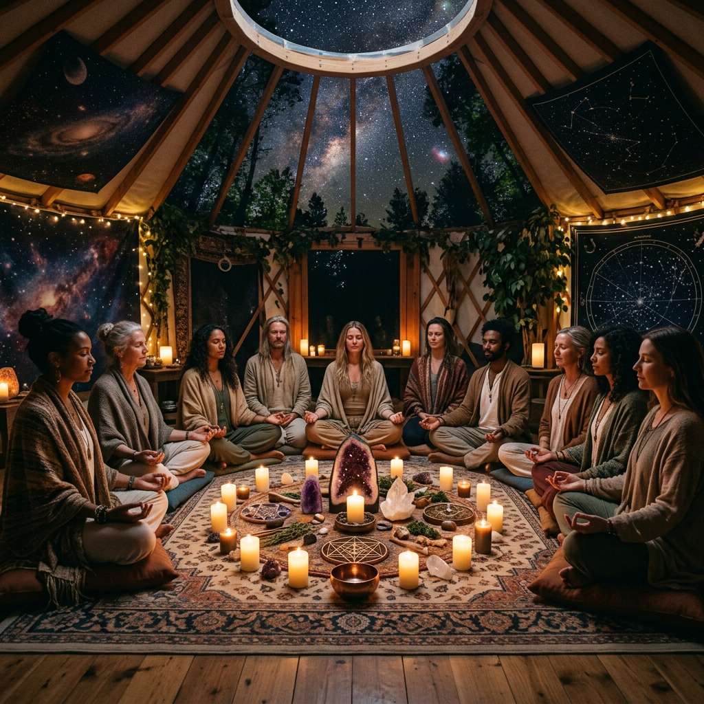 Group meditating in a candlelit observatory beneath a star-filled sky